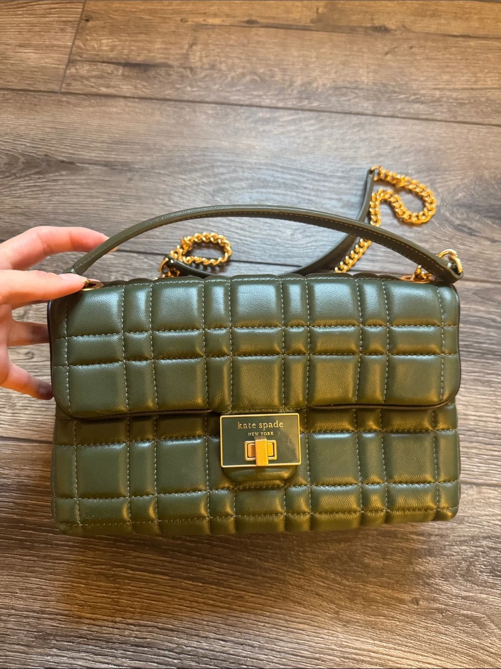Kate Spade Quilted Olive Green Leather Chain Shoulder Bag with Gold Hardware